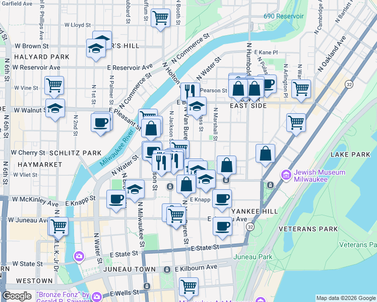 map of restaurants, bars, coffee shops, grocery stores, and more near 1522 North Van Buren Street in Milwaukee