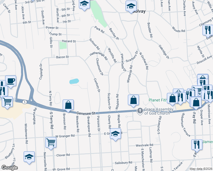 map of restaurants, bars, coffee shops, grocery stores, and more near 610 Scarboro Drive in Syracuse