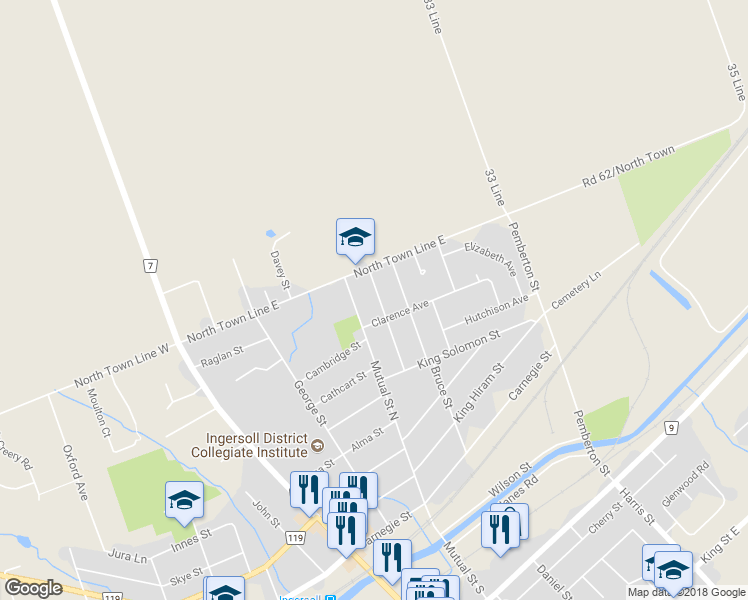 map of restaurants, bars, coffee shops, grocery stores, and more near 275 Evelyn Avenue in Ingersoll