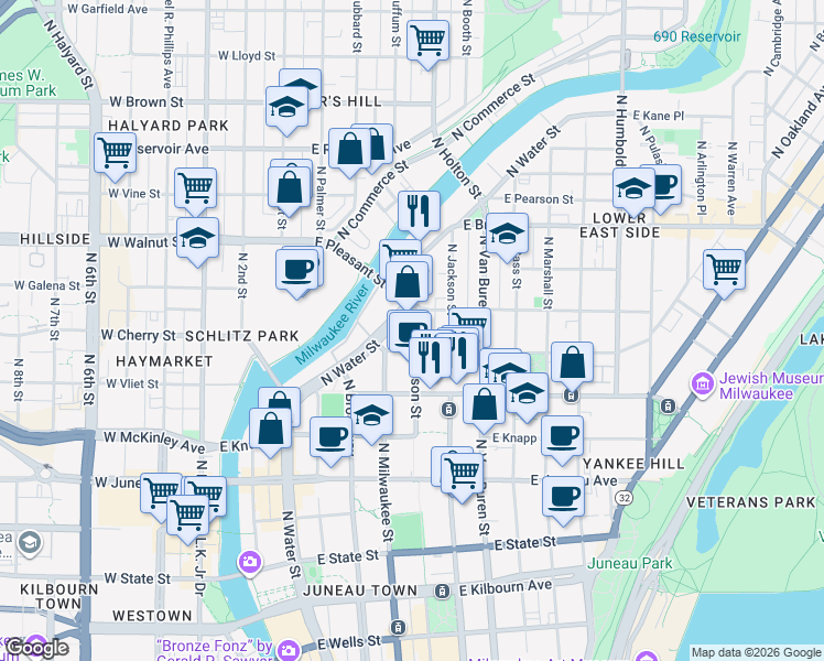 map of restaurants, bars, coffee shops, grocery stores, and more near 1521 North Jefferson Street in Milwaukee