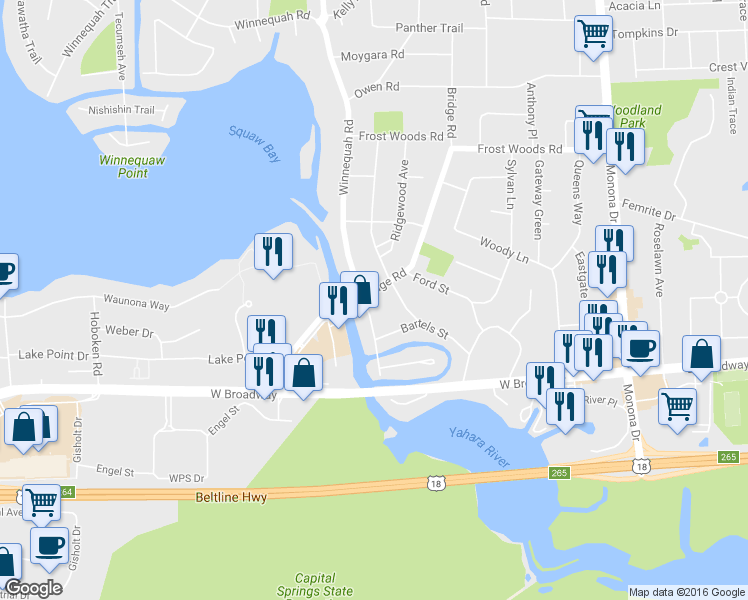 map of restaurants, bars, coffee shops, grocery stores, and more near 6308 Bridge Rd in Monona