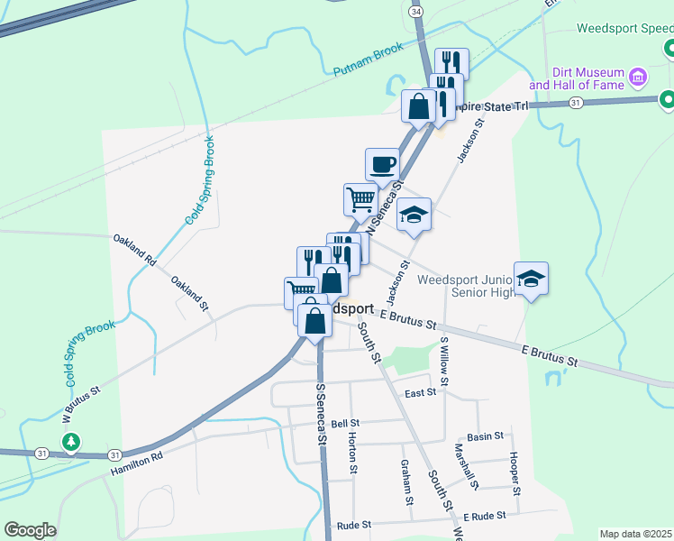 map of restaurants, bars, coffee shops, grocery stores, and more near 8929 North Seneca Street in Weedsport