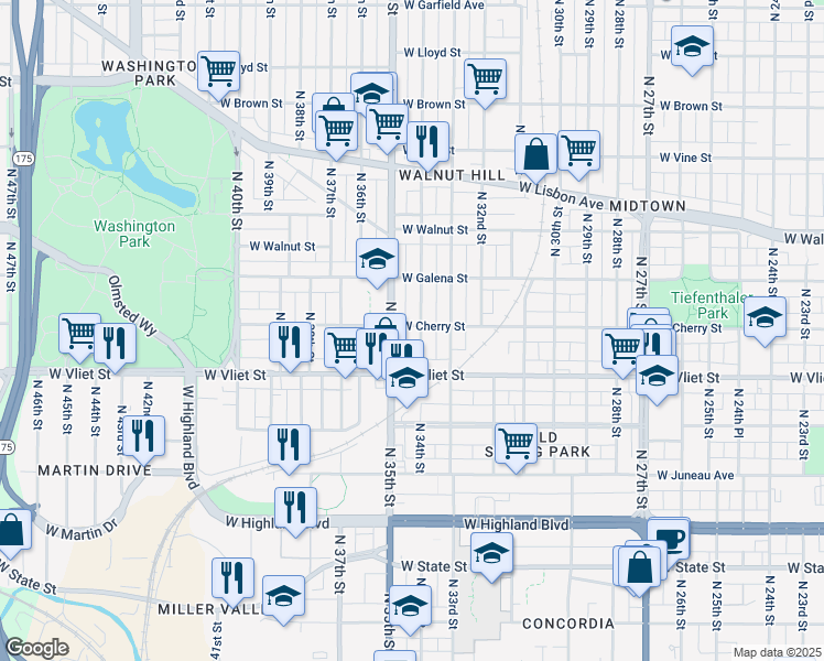 map of restaurants, bars, coffee shops, grocery stores, and more near 3403 West Cherry Street in Milwaukee