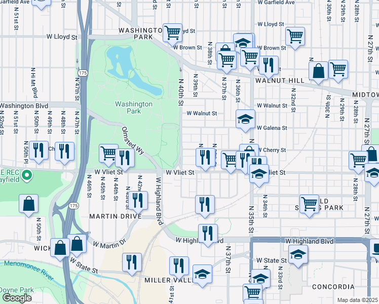 map of restaurants, bars, coffee shops, grocery stores, and more near in Milwaukee