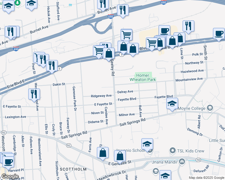 map of restaurants, bars, coffee shops, grocery stores, and more near 410 Seeley Road in Syracuse