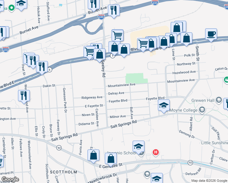 map of restaurants, bars, coffee shops, grocery stores, and more near 127 Delray Avenue in Syracuse