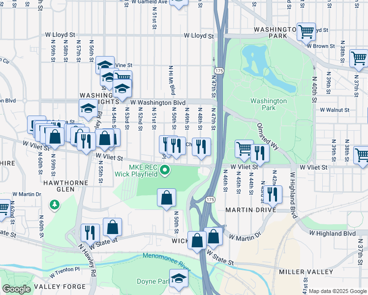 map of restaurants, bars, coffee shops, grocery stores, and more near 1451 North 49th Street in Milwaukee