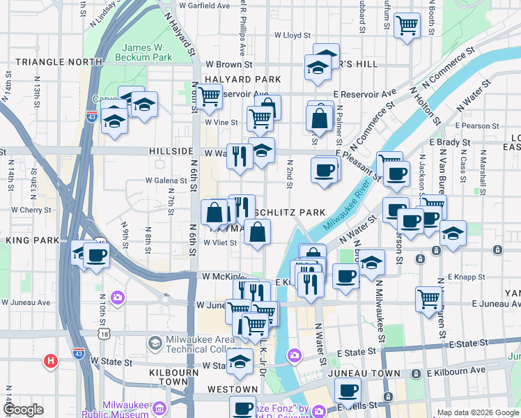 map of restaurants, bars, coffee shops, grocery stores, and more near 1501 North Doctor Martin Luther King Junior Drive in Milwaukee