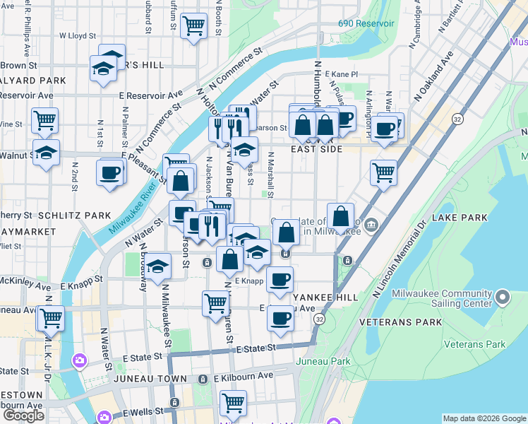 map of restaurants, bars, coffee shops, grocery stores, and more near 1527 North Marshall Street in Milwaukee