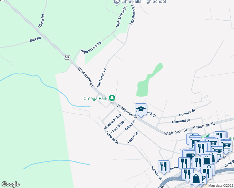 map of restaurants, bars, coffee shops, grocery stores, and more near 20 Summit Avenue in Little Falls