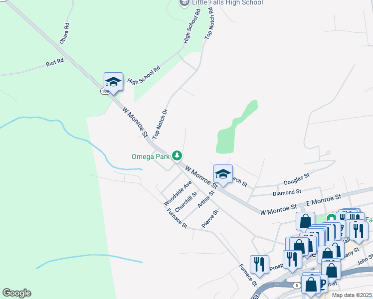 map of restaurants, bars, coffee shops, grocery stores, and more near 20 Summit Avenue in Little Falls