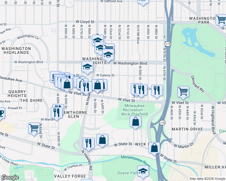 map of restaurants, bars, coffee shops, grocery stores, and more near 1432 North 53rd Street in Milwaukee