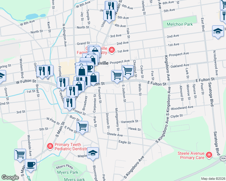 map of restaurants, bars, coffee shops, grocery stores, and more near 77 Washington Street in Gloversville