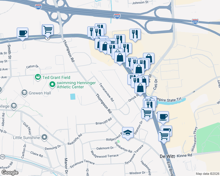 map of restaurants, bars, coffee shops, grocery stores, and more near 120 Clearview Road in Syracuse