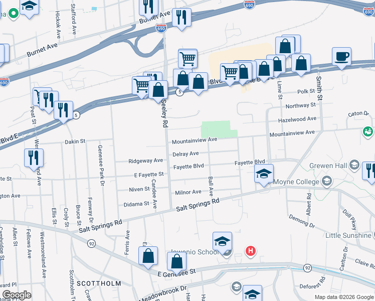 map of restaurants, bars, coffee shops, grocery stores, and more near 127 Delray Avenue in Syracuse