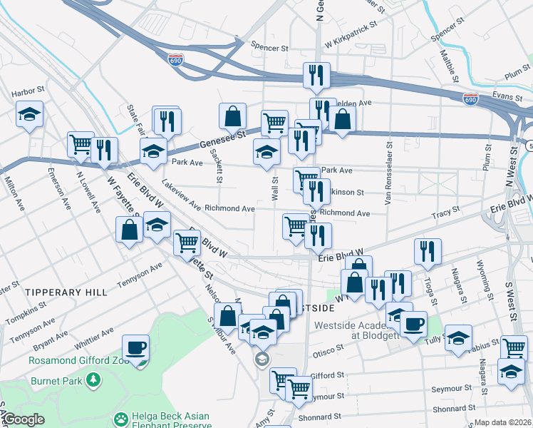 map of restaurants, bars, coffee shops, grocery stores, and more near 134 Wall Street in Syracuse
