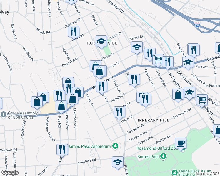 map of restaurants, bars, coffee shops, grocery stores, and more near 301 Cayuga Street in Syracuse