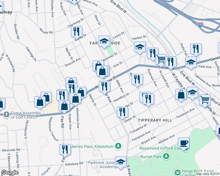 map of restaurants, bars, coffee shops, grocery stores, and more near 320 Cayuga Street in Syracuse
