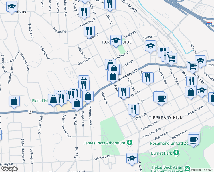 map of restaurants, bars, coffee shops, grocery stores, and more near 1909-11 West Genesee Street in Syracuse