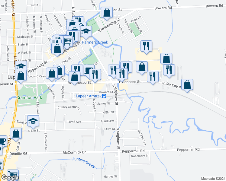 map of restaurants, bars, coffee shops, grocery stores, and more near 54 South Saginaw Street in Lapeer