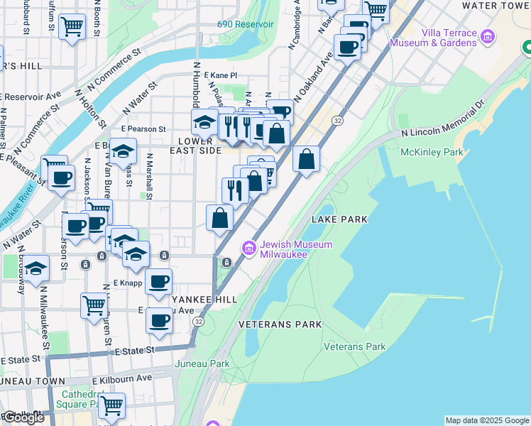 map of restaurants, bars, coffee shops, grocery stores, and more near 1428 East Albion Street in Milwaukee