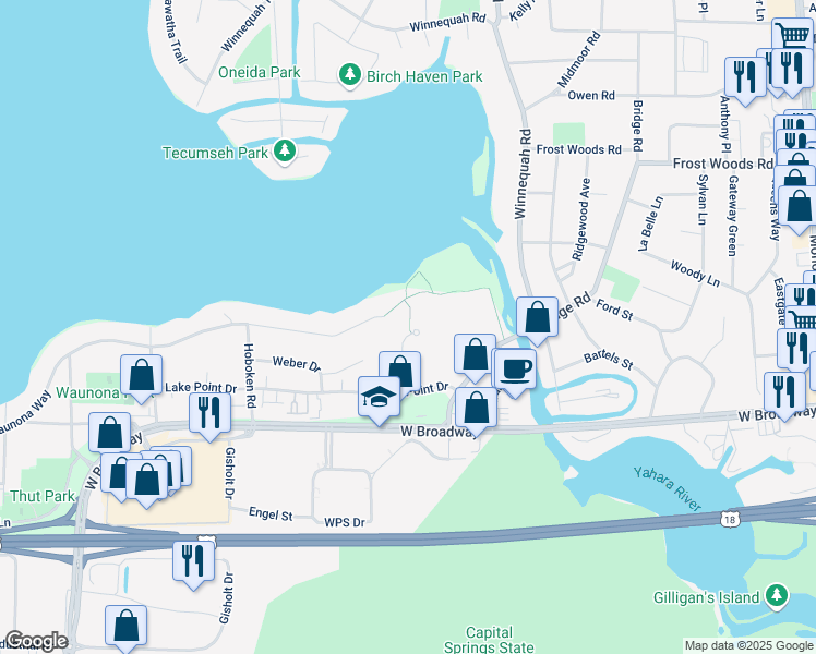 map of restaurants, bars, coffee shops, grocery stores, and more near 26 Waunona Woods Court in Madison