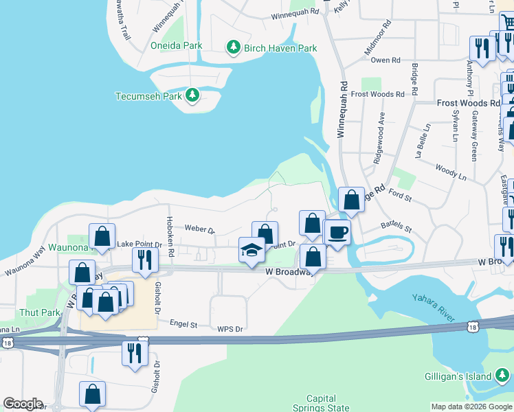 map of restaurants, bars, coffee shops, grocery stores, and more near 26 Waunona Woods Court in Madison