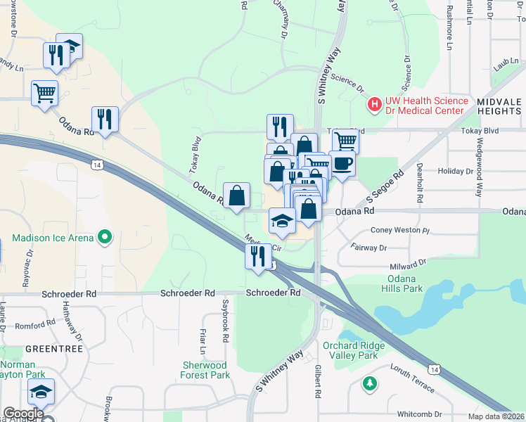 map of restaurants, bars, coffee shops, grocery stores, and more near 5578 Odana Road in Madison