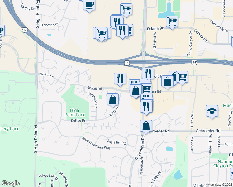 map of restaurants, bars, coffee shops, grocery stores, and more near 6 Captains Court in Madison
