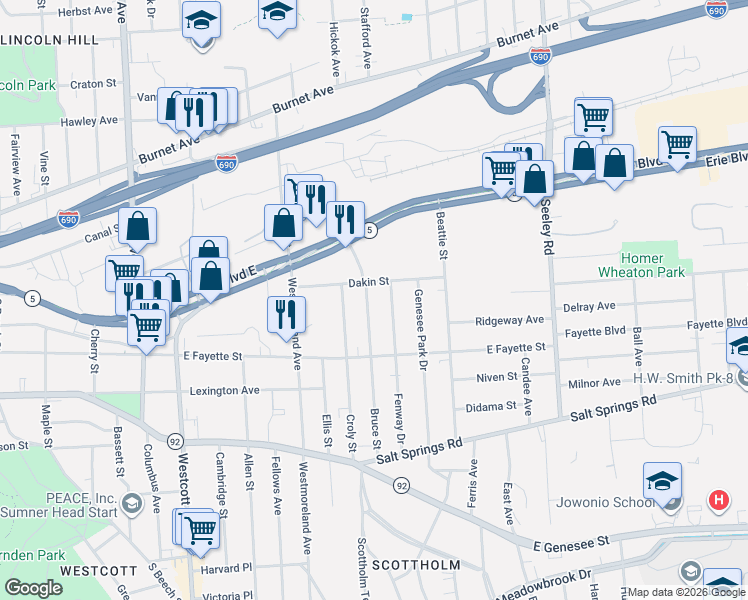 map of restaurants, bars, coffee shops, grocery stores, and more near 219 Bruce St in Syracuse