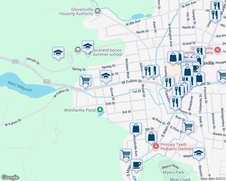 map of restaurants, bars, coffee shops, grocery stores, and more near 115 Grove Road in Gloversville