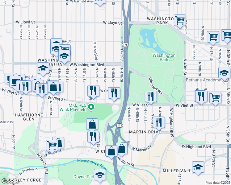 map of restaurants, bars, coffee shops, grocery stores, and more near 1454 North 48th Street in Milwaukee