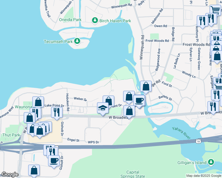 map of restaurants, bars, coffee shops, grocery stores, and more near 26 Waunona Woods Court in Madison
