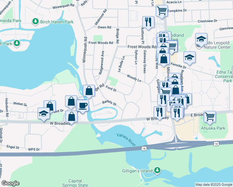 map of restaurants, bars, coffee shops, grocery stores, and more near 6311 Ford Street in Monona