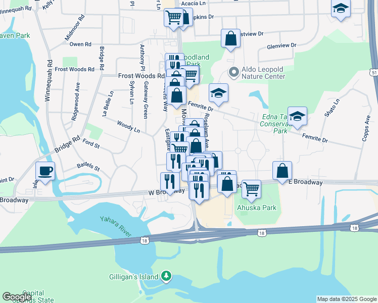 map of restaurants, bars, coffee shops, grocery stores, and more near 6306 Monona Drive in Monona