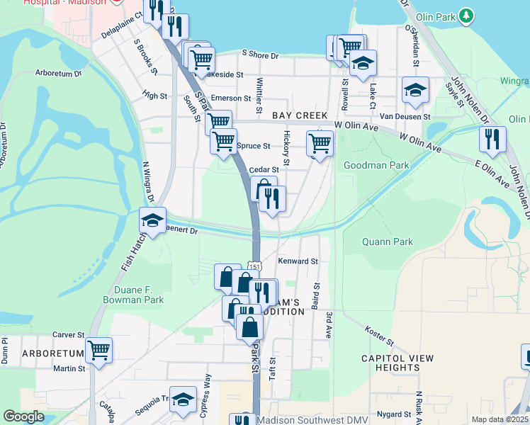 map of restaurants, bars, coffee shops, grocery stores, and more near 1605 South Park Street in Madison