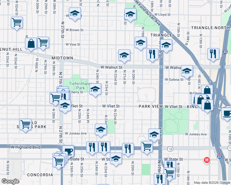 map of restaurants, bars, coffee shops, grocery stores, and more near 1501 N 22nd St in Milwaukee