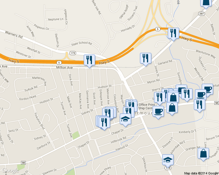 map of restaurants, bars, coffee shops, grocery stores, and more near 224 Melrose Ave in Syracuse