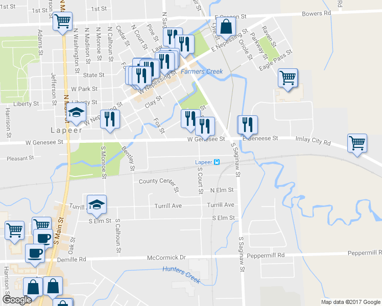 map of restaurants, bars, coffee shops, grocery stores, and more near 232 Howard Street in Lapeer