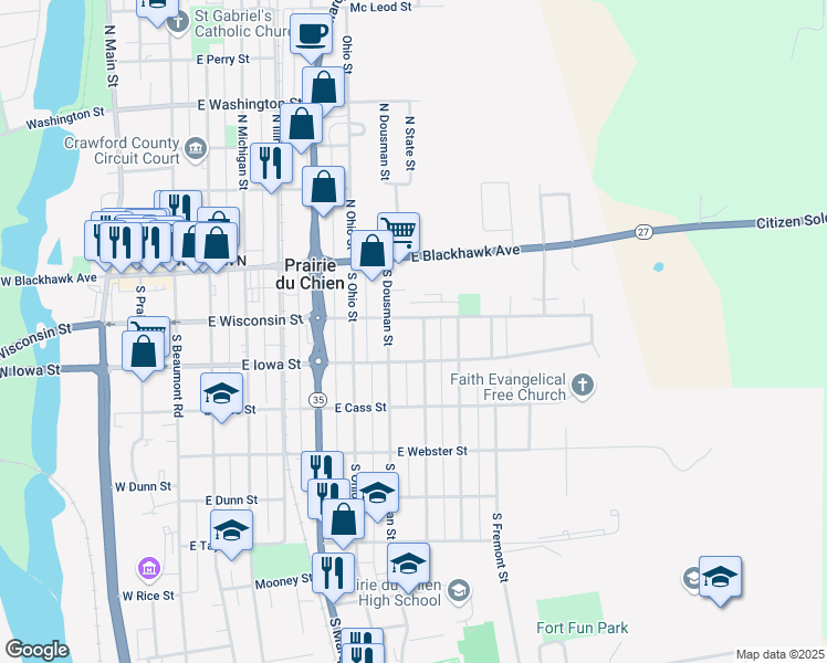 map of restaurants, bars, coffee shops, grocery stores, and more near 209 South State Street in Prairie du Chien