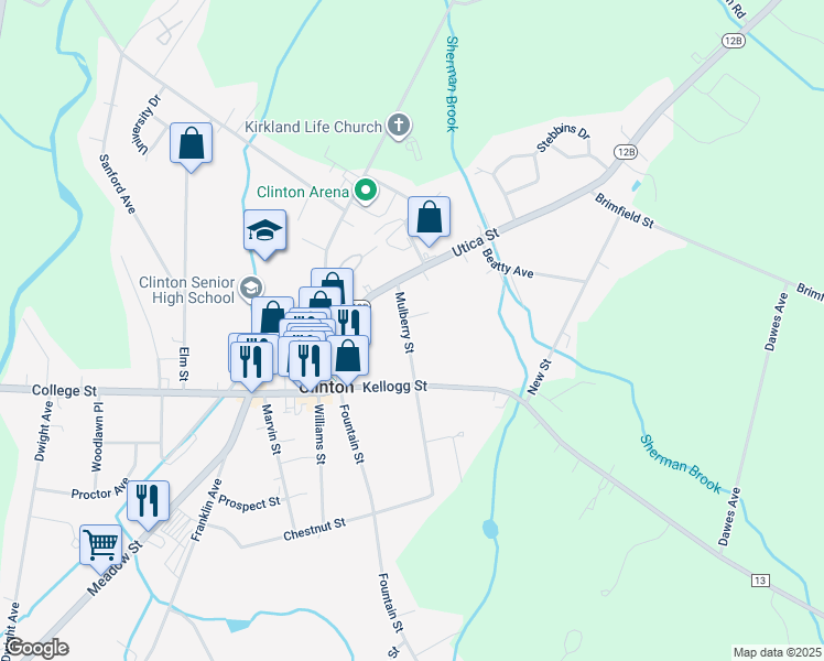 map of restaurants, bars, coffee shops, grocery stores, and more near 11 Mulberry Street in Clinton