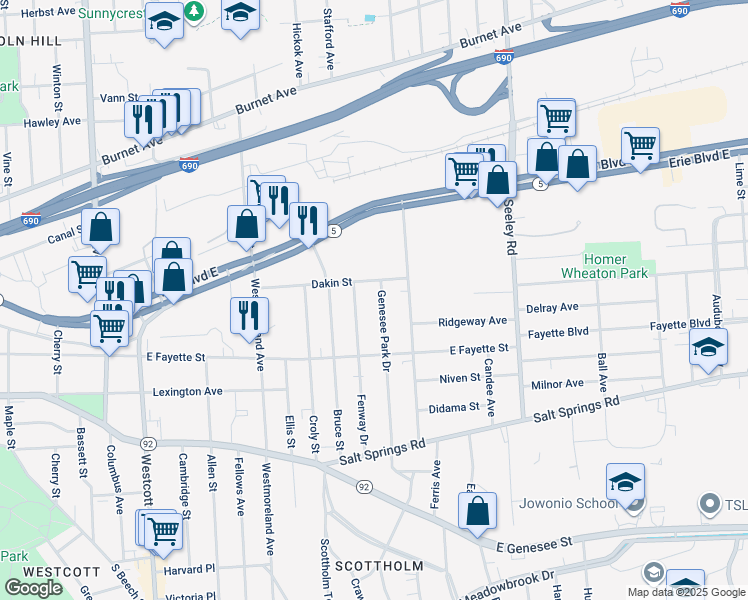 map of restaurants, bars, coffee shops, grocery stores, and more near 124 Genesee Park Dr in Syracuse