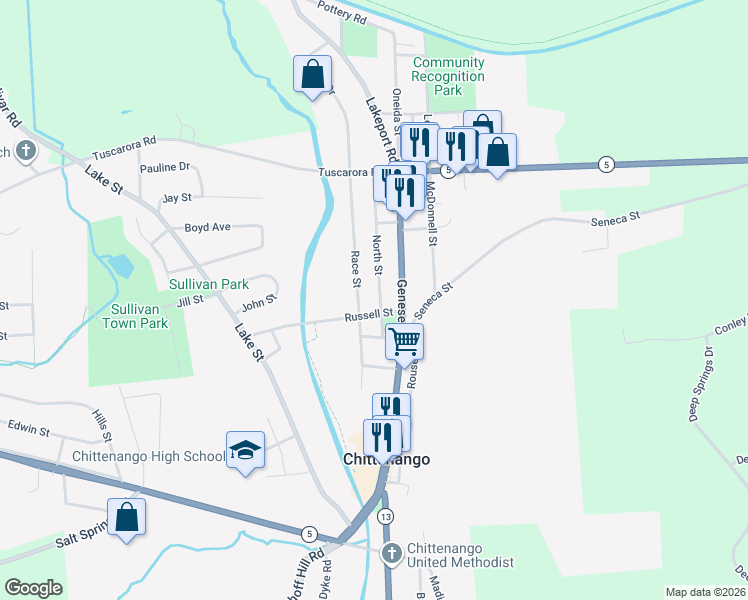 map of restaurants, bars, coffee shops, grocery stores, and more near 409 North Street in Chittenango