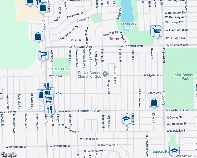 map of restaurants, bars, coffee shops, grocery stores, and more near 3910 Trumbull Drive in Flint