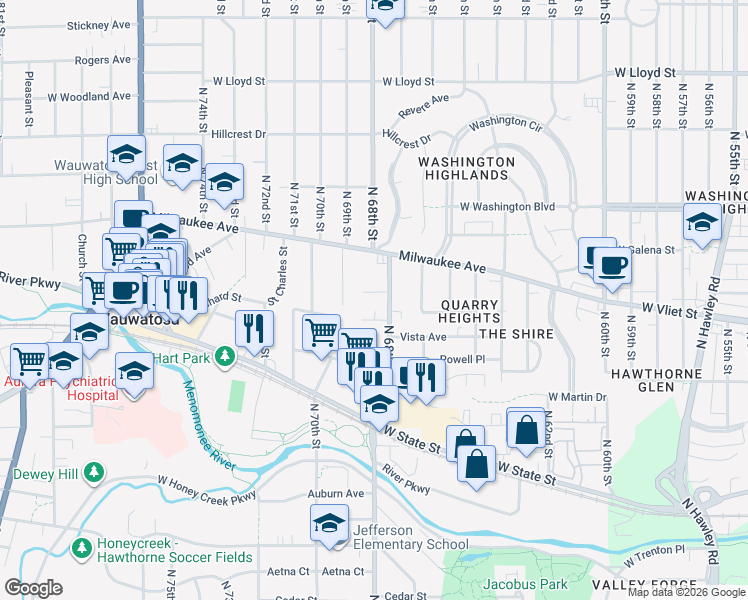 map of restaurants, bars, coffee shops, grocery stores, and more near 6821 Kinsman Street in Wauwatosa