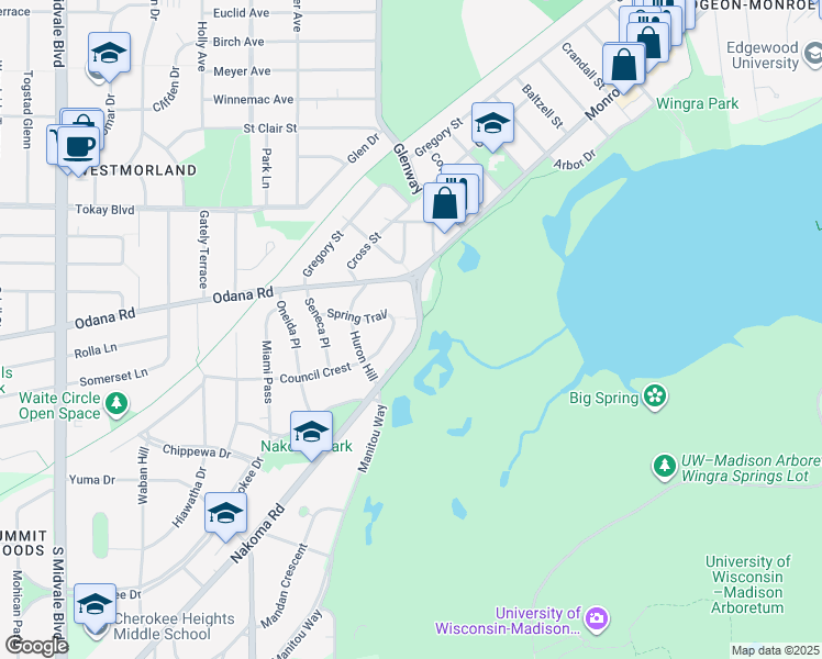 map of restaurants, bars, coffee shops, grocery stores, and more near 3706 Nakoma Road in Madison