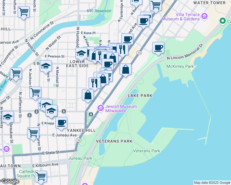map of restaurants, bars, coffee shops, grocery stores, and more near 1560 North Prospect Avenue in Milwaukee