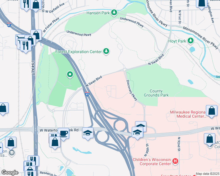 map of restaurants, bars, coffee shops, grocery stores, and more near 9810 Echelon Lane in Wauwatosa