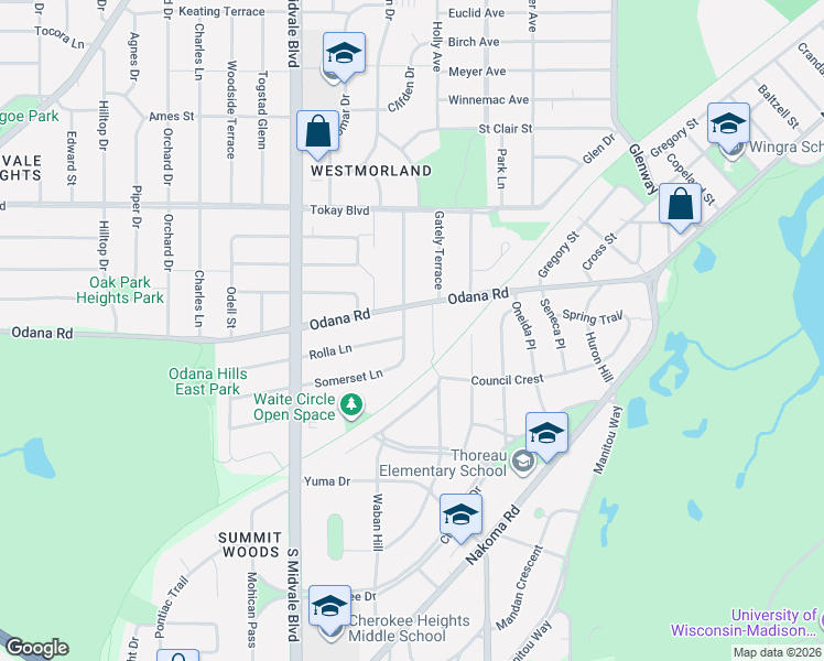 map of restaurants, bars, coffee shops, grocery stores, and more near 709 Anthony Lane in Madison