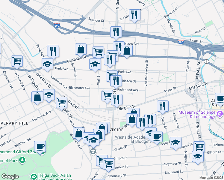 map of restaurants, bars, coffee shops, grocery stores, and more near 315 Richmond Avenue in Syracuse